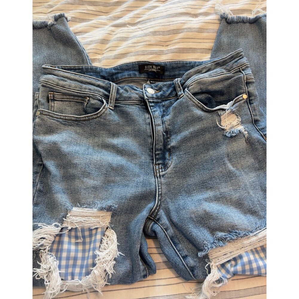 Judy Blue Denim - Distressed Gingham Patchwork High-Rise Skinny Jeans Size 14 - Picture 10 of 12